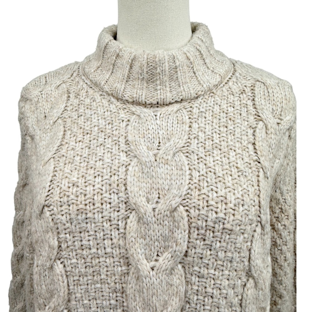 Chunky Cable Knit Mock Neck Sweater‎ Beige Oatmeal Heather Long Sleeve Textured - Picture 5 of 9